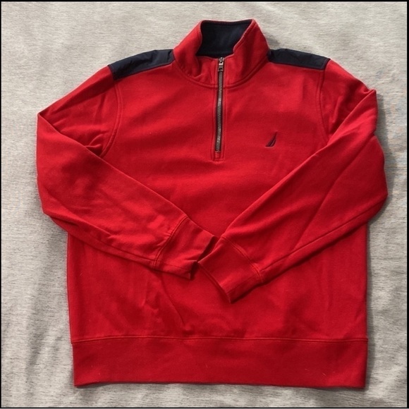 Nautica Red Navy Quarter Zip Pullover M Mock Neck Cotton Blend Layering Knit - Picture 2 of 9